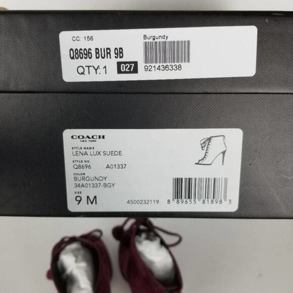 COACH Lena‎ Lux suede lace up heels burgundy size 9 - Picture 7 of 8